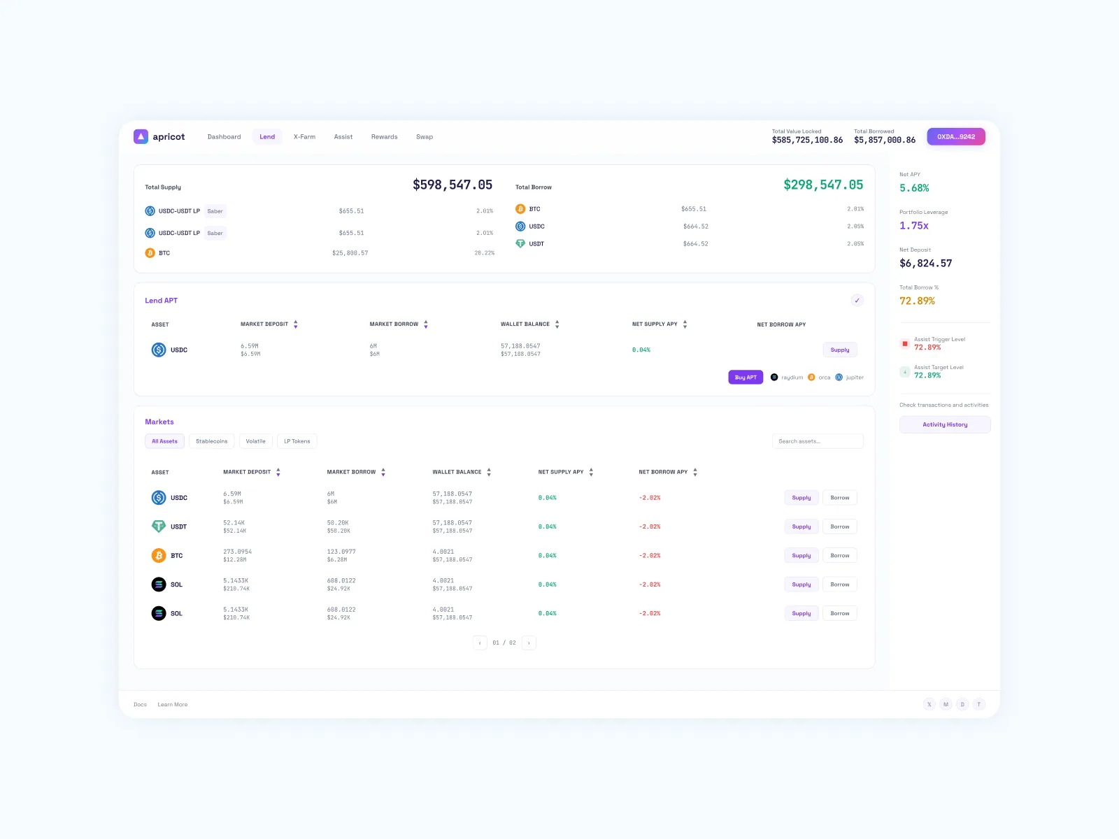 Lend dashboard — Total Supply / Borrow split with portfolio health sidebar including the Apricot Bar
